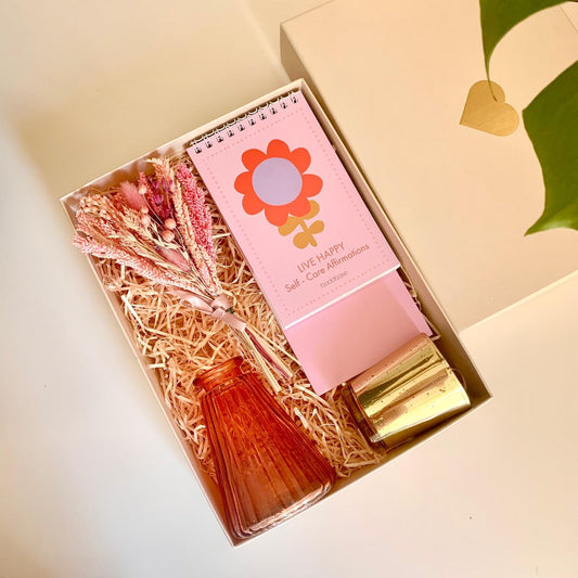 Live Happy Self-care Gift Box,  Includes Glass Vase, Dried Flowers Bouquet, Candle Holder, and Affirmation Calendar in a Luxury Gift Box