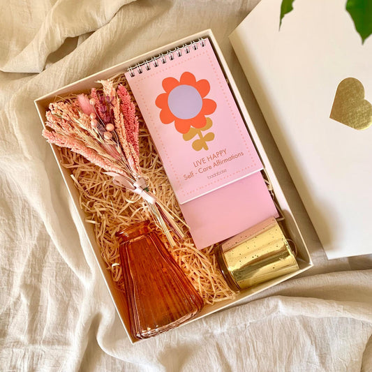 Live Happy Self-care Gift Box,  Includes Glass Vase, Dried Flowers Bouquet, Candle Holder, and Affirmation Calendar in a Luxury Gift Box