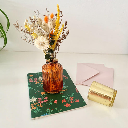 Green Floral Notebook Gift Box with Glass Vase, Golden Candle Holder & Dried Flower Bouquet – Cozy Birthday or Work Friend Gift Set