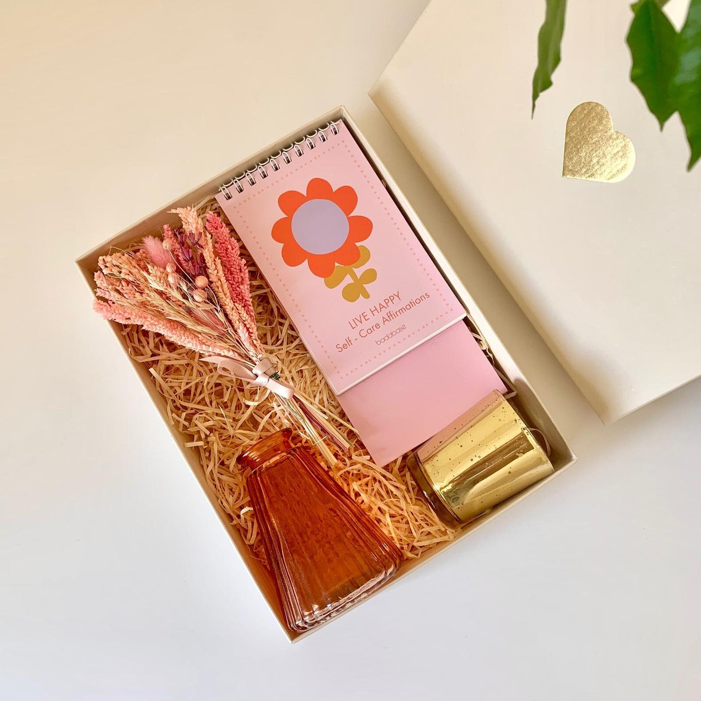 Live Happy Self-care Gift Box,  Includes Glass Vase, Dried Flowers Bouquet, Candle Holder, and Affirmation Calendar in a Luxury Gift Box