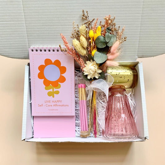 Live Happy Self-Care Gift Box, Mindfulness Set, Dried Flowers Bouquet, Vase, New job Congratulations, Birthday, Thank You, or Just Because