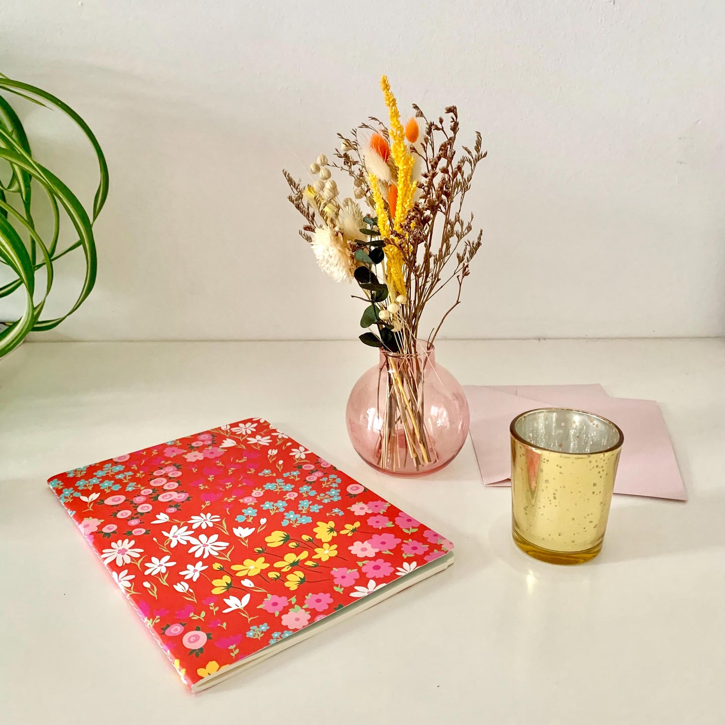 Floral Notebook Gift Box - Dried Flower Bouquet, Pink Glass Vase, Candle Holder – Thoughtful Gift for Her, Birthday, Best Friend, Coworker