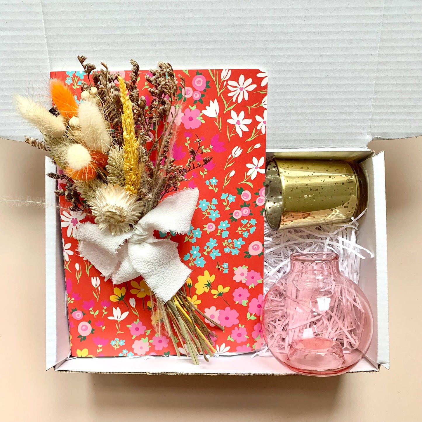 Floral Notebook Gift Box - Dried Flower Bouquet, Pink Glass Vase, Candle Holder – Thoughtful Gift for Her, Birthday, Best Friend, Coworker