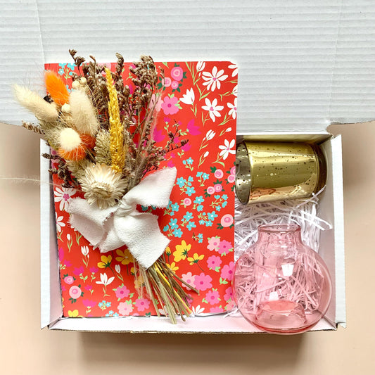 Floral Notebook Gift Box - Dried Flower Bouquet, Pink Glass Vase, Candle Holder – Thoughtful Gift for Her, Birthday, Best Friend, Coworker